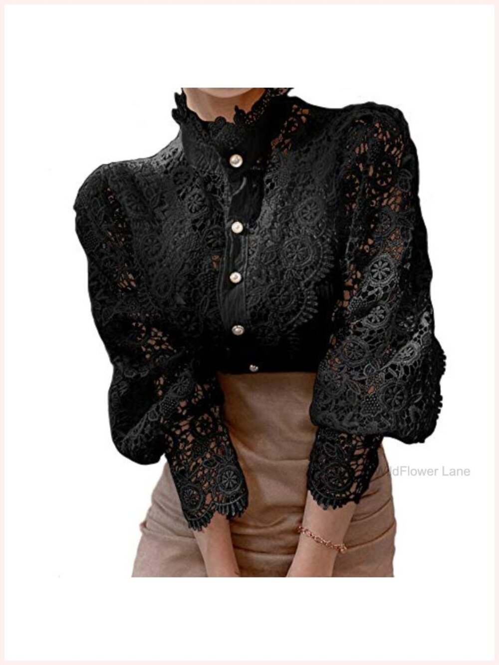 Victorian Lace Trim Blouse, Long Sleeve Button Down, Mock Neck, Sheer